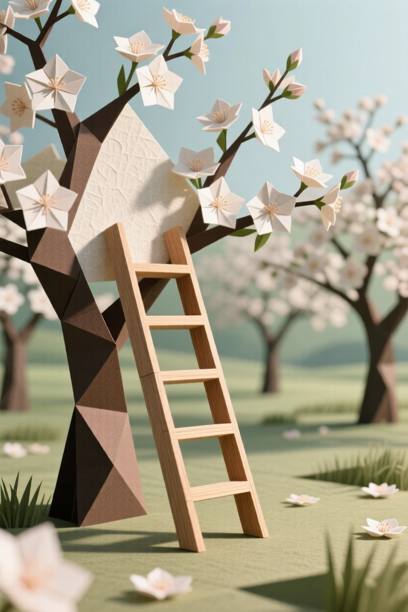 A quiet countryside orchard in full bloom, a single wooden ladder leaning against a blossoming tree.
