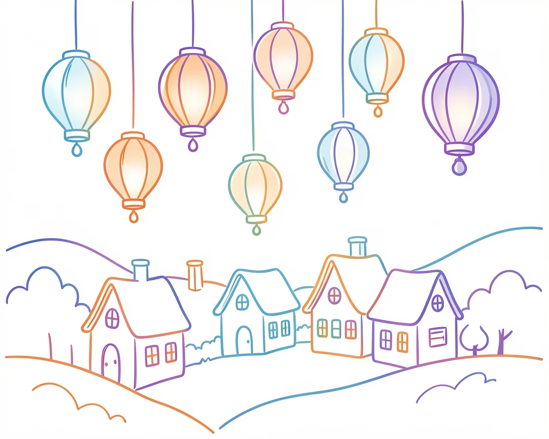 A floating lantern festival drifting above a quiet fantasy village at night.