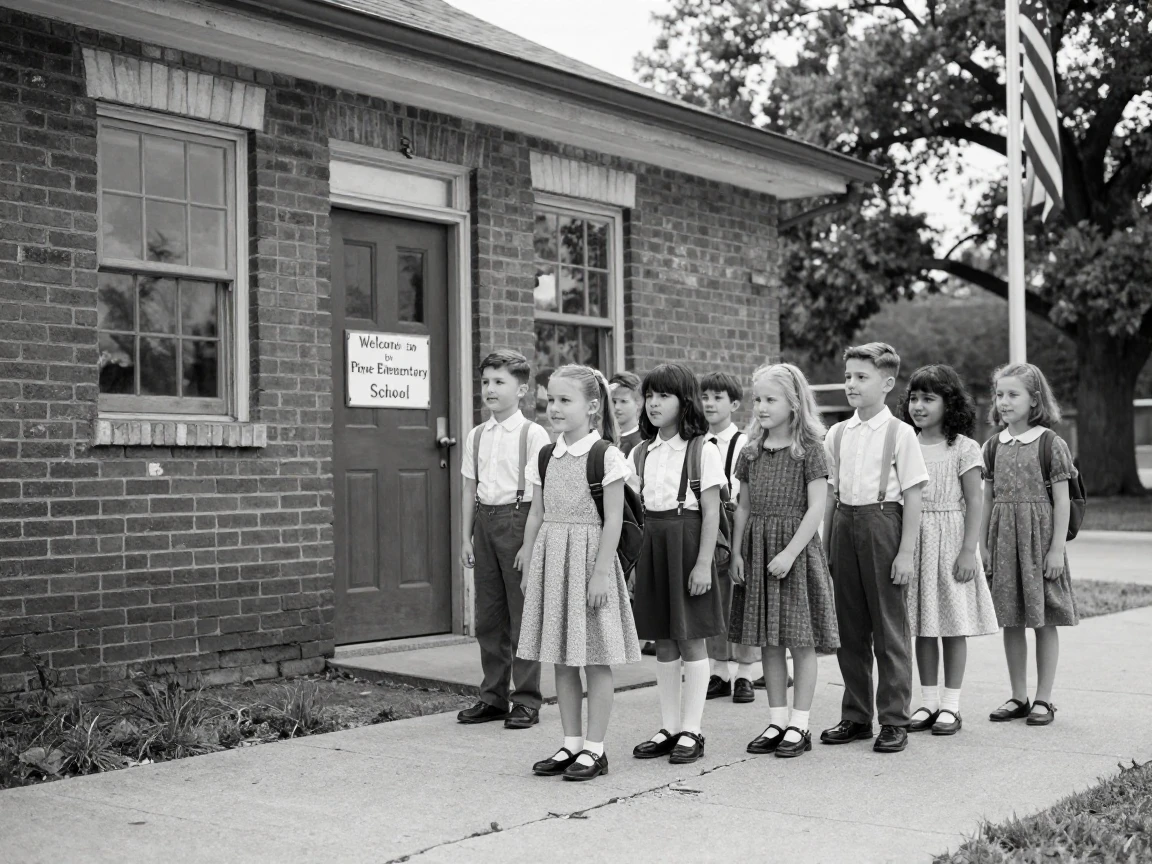 A group of children line up for their first day of school outside a small brick schoolhouse.
