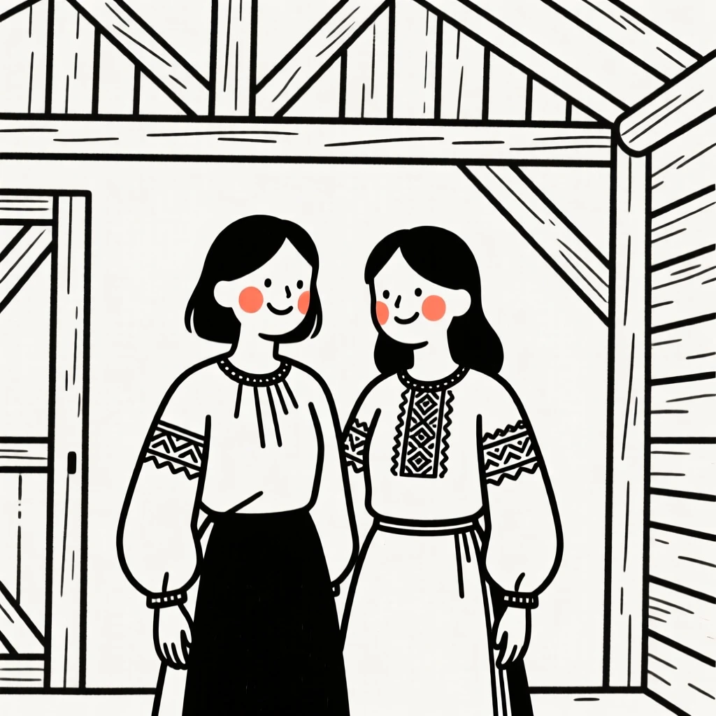 Twin sisters of Russian heritage, beaming with pride, in a rustic barn.