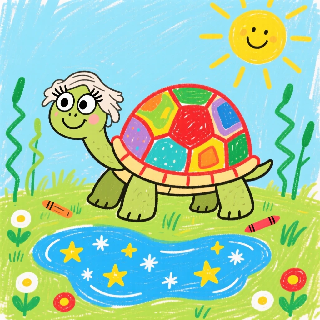A wise old tortoise beside a sparkling watering hole.