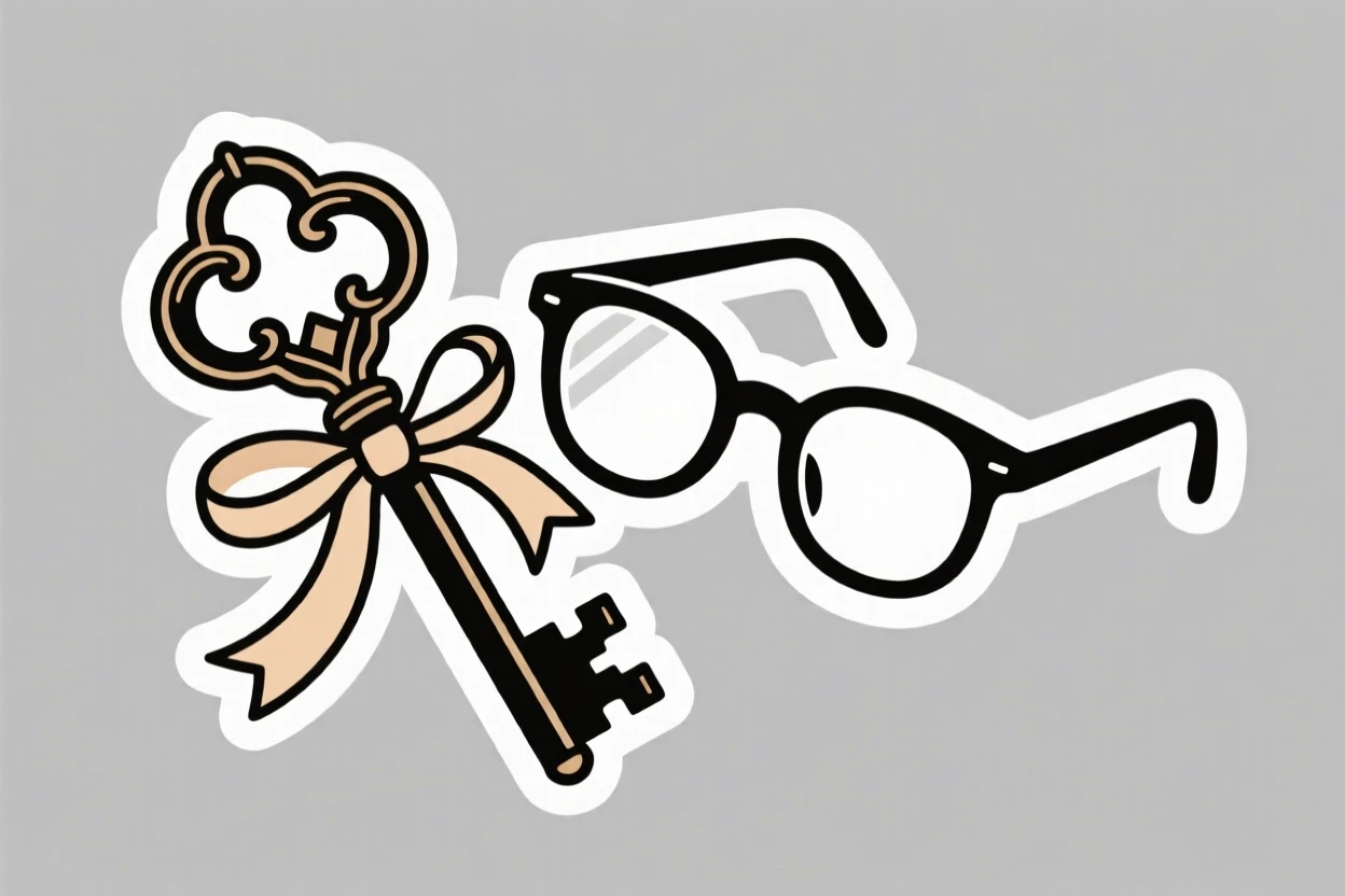 A charming antique key on a ribbon, tucked beside a pair of reading glasses, in a sunlit reading corner.
