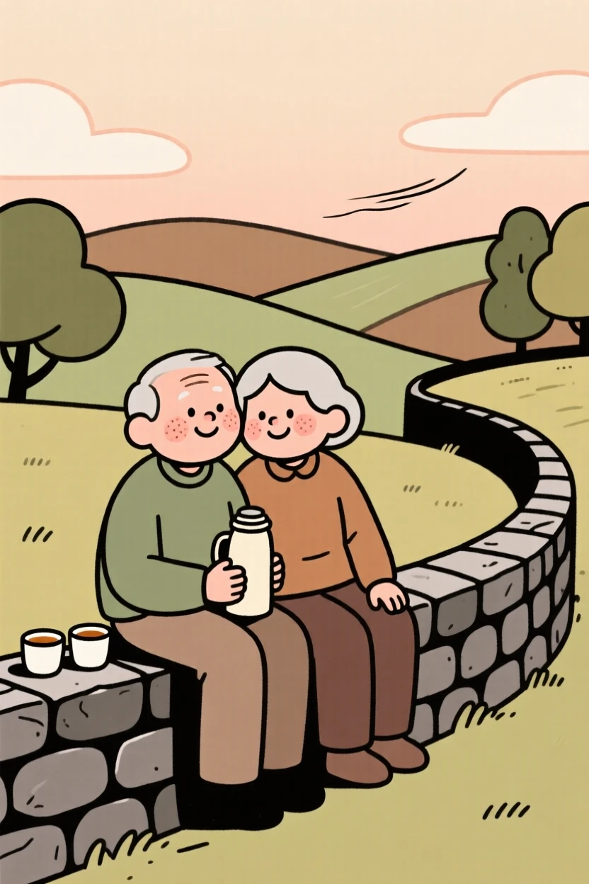 Two old friends sit on a low stone wall overlooking the rolling hills, sharing a shared thermos of tea and easy laughter as a gentle breeze stirs the trees.