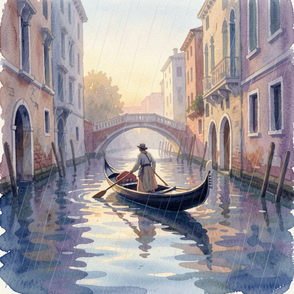 A gondola gliding through a quiet canal at dusk in gentle rain.