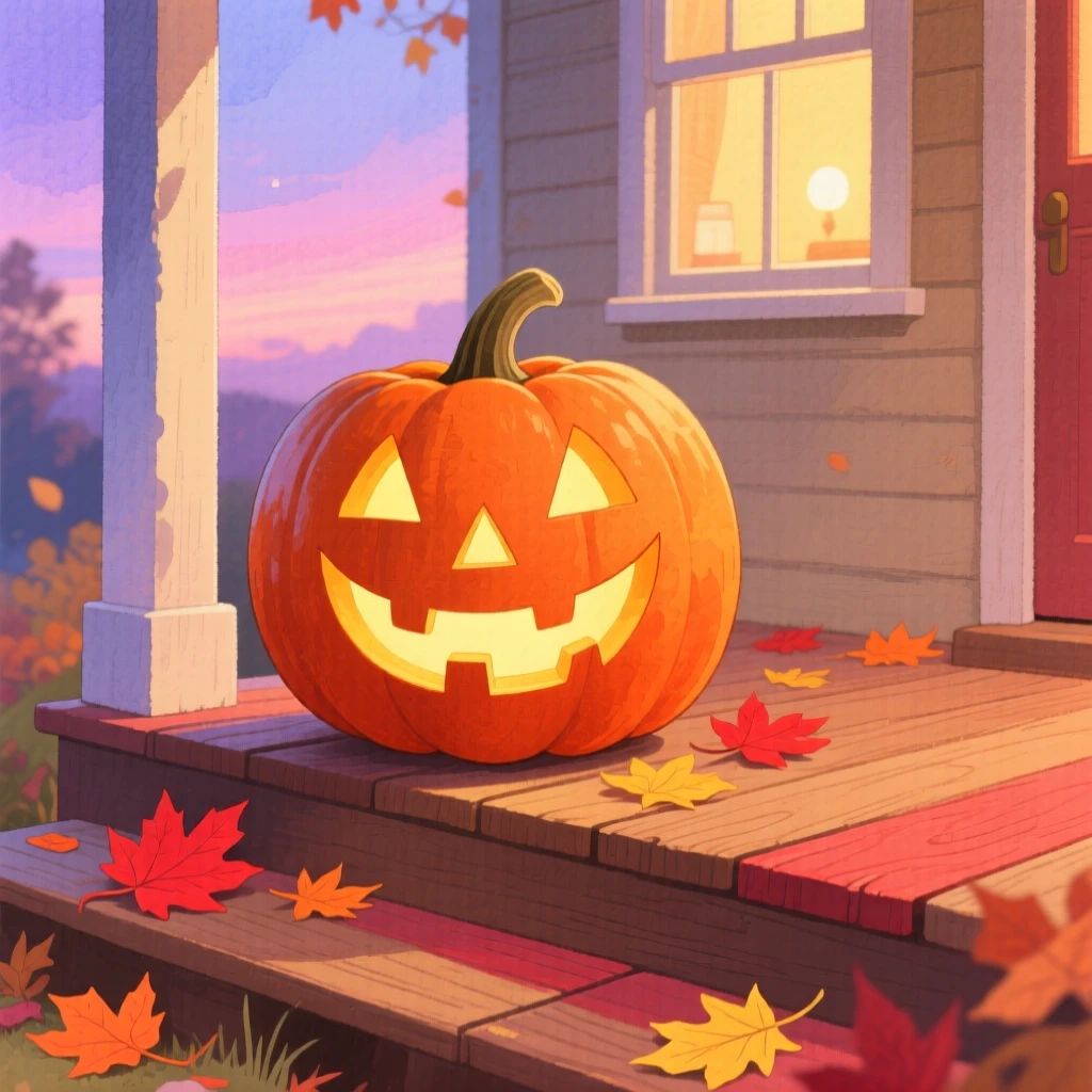 A festive scene of a jack-o'-lantern glowing on a porch step at dusk.