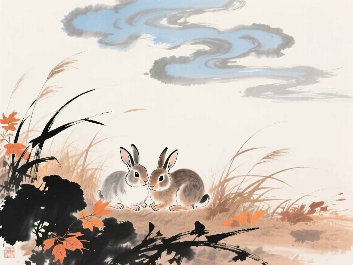 A pair of rabbits nestled among tall autumn grasses, under drifting clouds, at the turn of autumn, imbued with timeless calm.