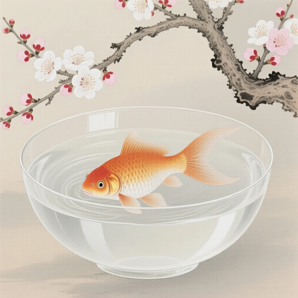 A goldfish in a round bowl resting beneath a blooming plum tree