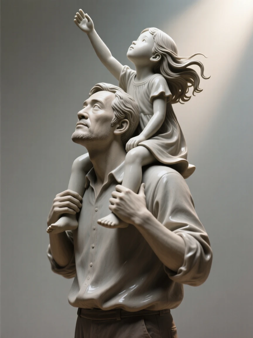 A father lifting his daughter onto his shoulders reaching upward as if toward the light, framed by strands of loose, wind-blown hair, conveying quiet dignity and timeless beauty.