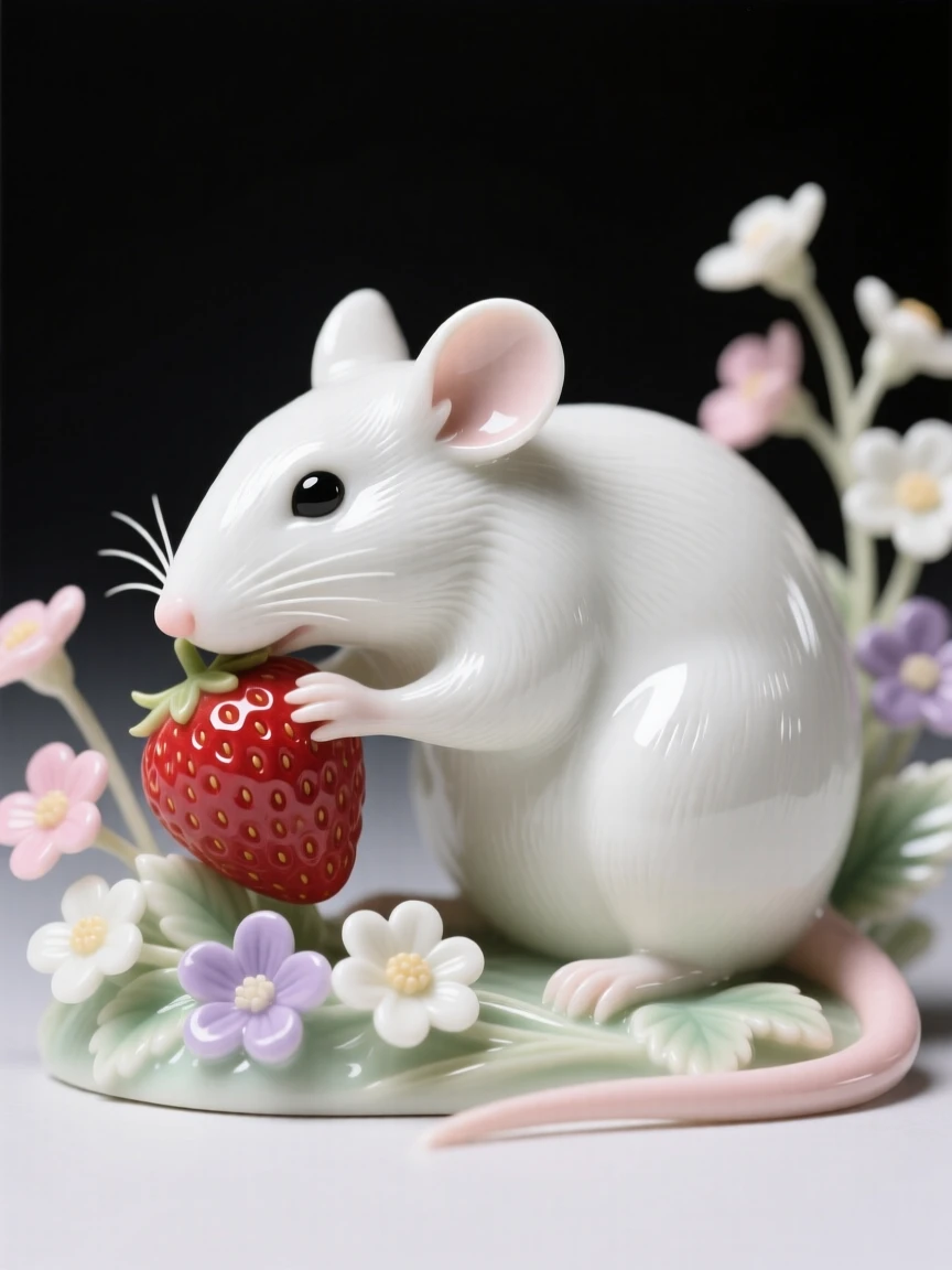 A tiny mouse nibbling on a wild strawberry, surrounded by tiny wildflowers.
