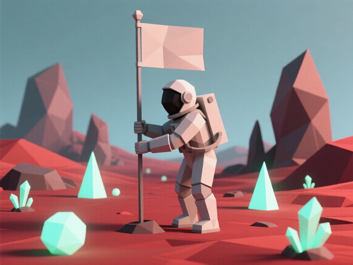 An astronaut planting a flag on an alien red landscape, surrounded by glowing bioluminescent light. soft glowing light sources create a sense of depth and scale. The mood feels futuristic and full of possibility.