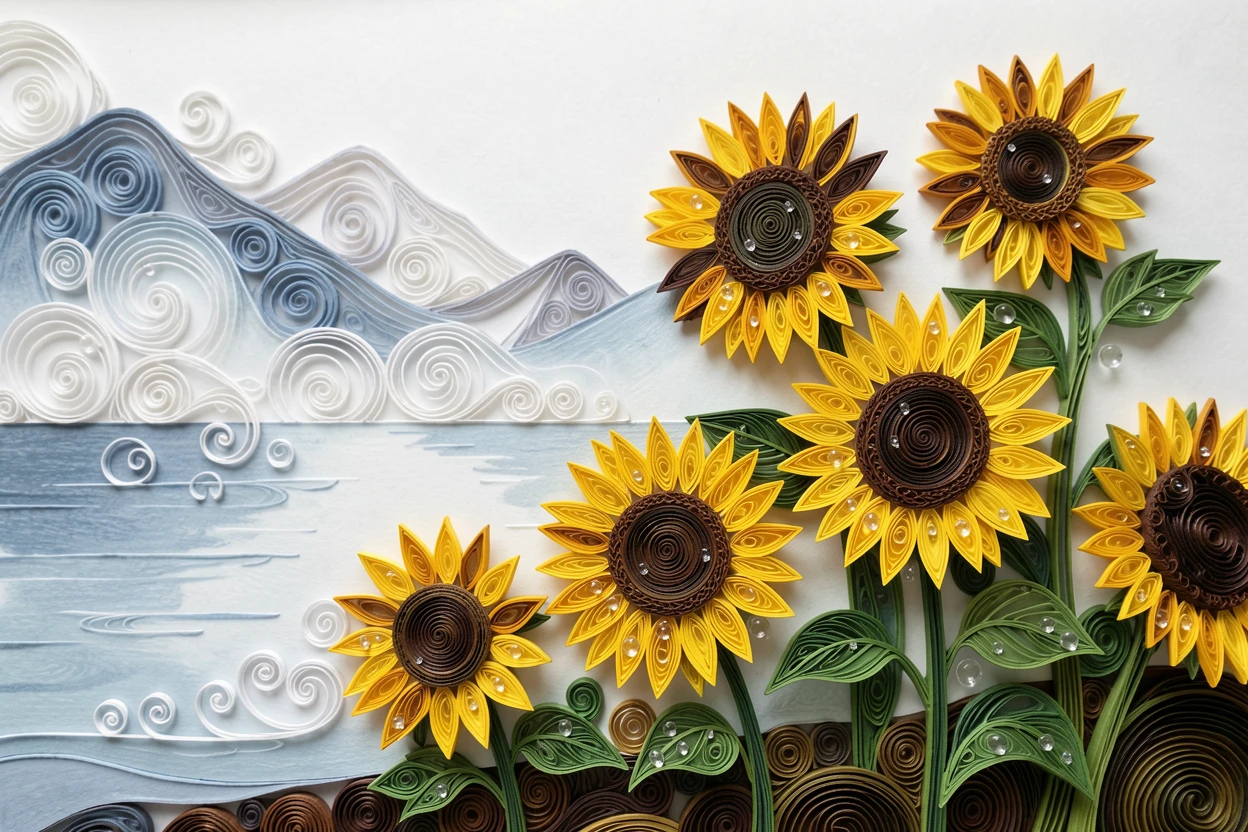a cluster of sunflowers turning toward the light, along the edge of a misty mountain lake, arranged asymmetrically for a natural, organic feel, with morning dew glistening on every petal.