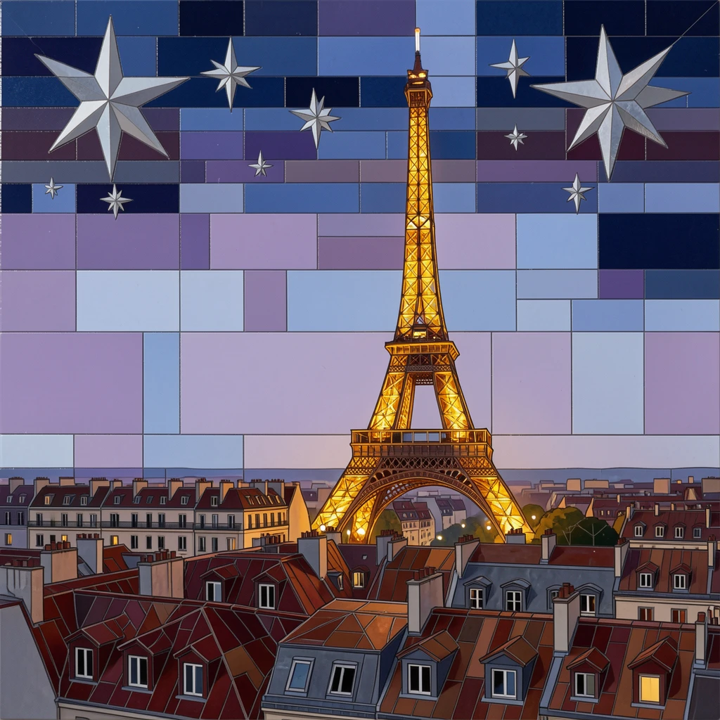 A breathtaking wide-angle view of the Eiffel Tower glowing at twilight above the rooftops of Paris, with rich warm lighting and fine architectural detail.