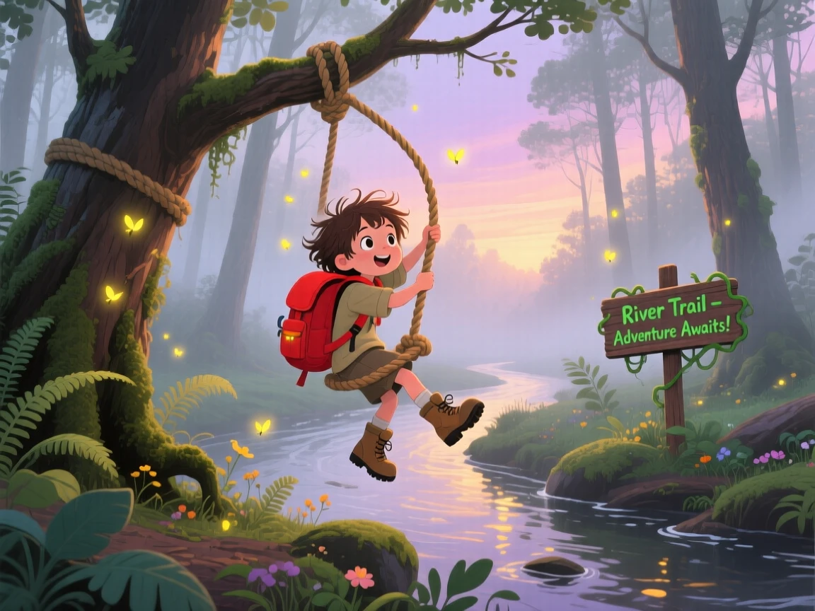A young explorer with a backpack spends the day following a river downstream on a rope swing through a foggy morning woodland, as fireflies begin to appear at dusk.
