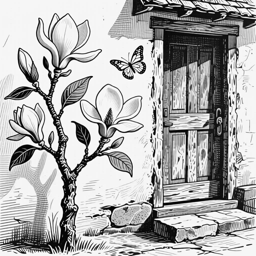 A magnolia branch in bloom blooming beside a cottage doorway, with a butterfly hovering nearby, composed in a quietly elegant still-life arrangement.