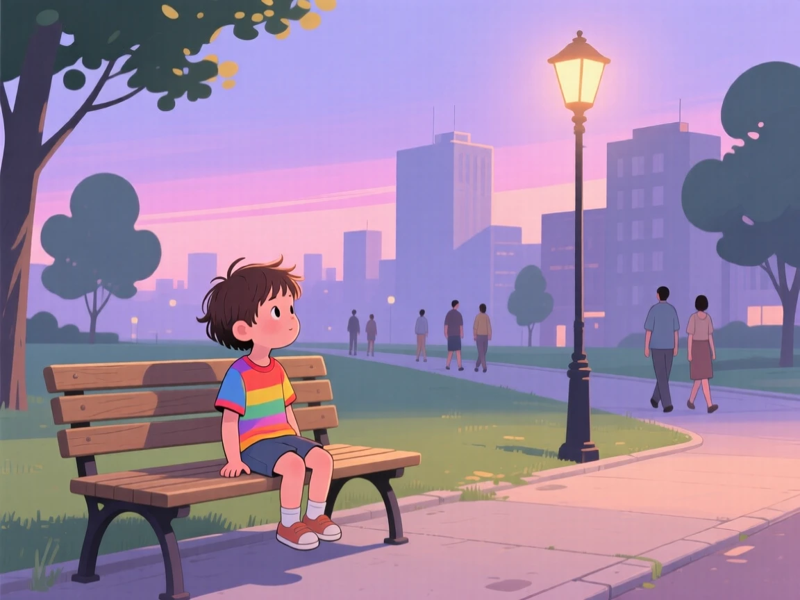 A small child people-watching from a bench on a quiet summer evening in the city.