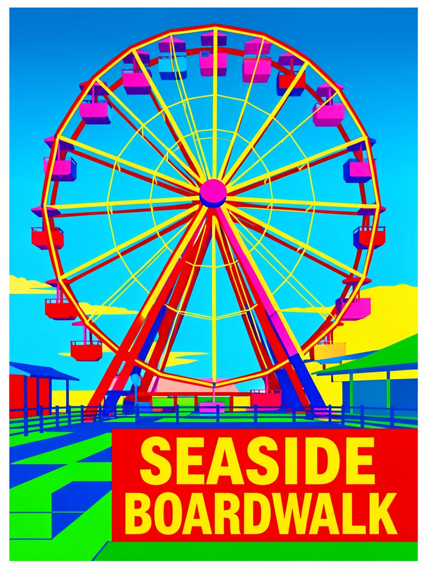 Ferris wheel lit up at a seaside boardwalk