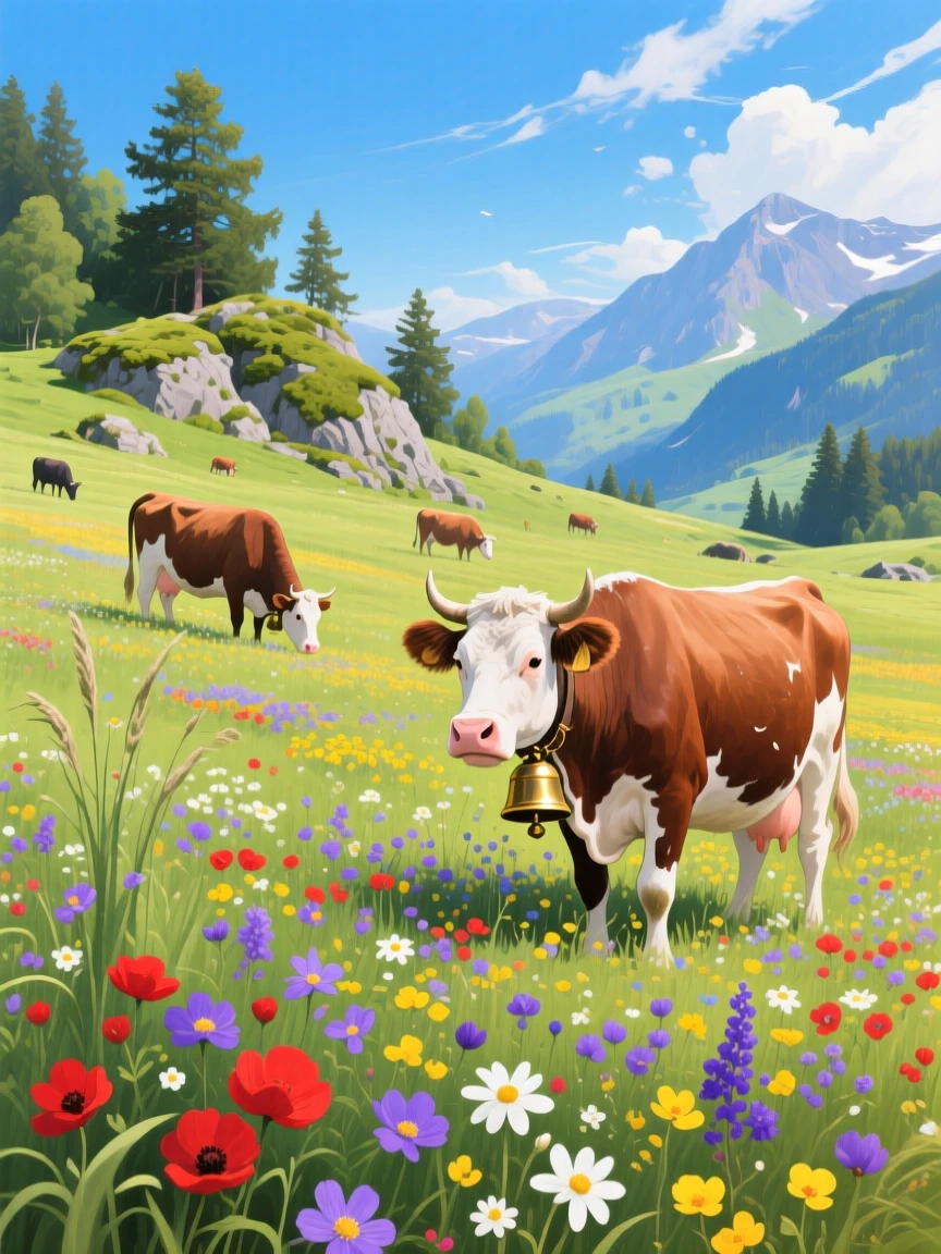 A vast field of alpine wildflowers blankets a mountain meadow in Switzerland, cows with bells grazing peacefully among the scattered colors under a bright blue sky, as a light breeze stirs the surrounding vegetation and carries the scent of damp earth.