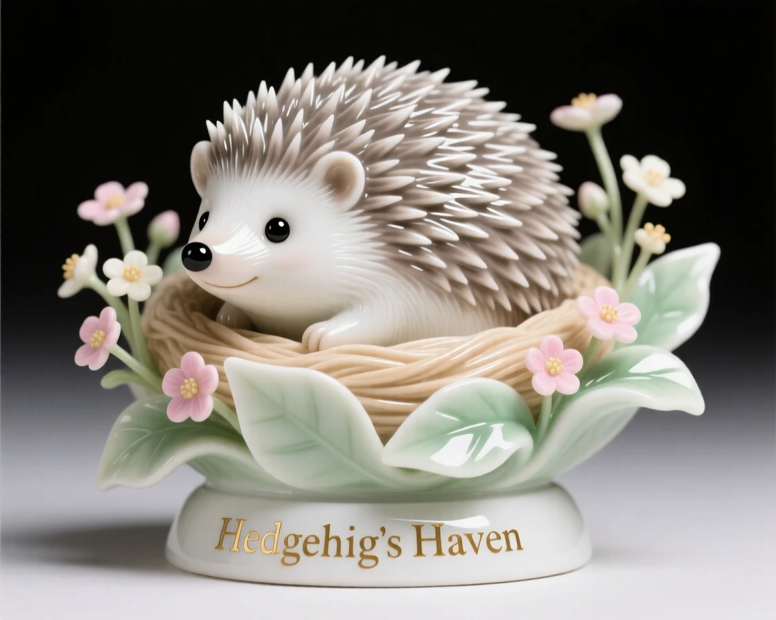 A tiny hedgehog tucked into a nest of soft leaves, surrounded by tiny wildflowers.