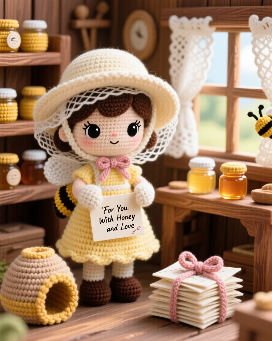 A charming scene of a little girl beekeeper with a wide veil hat and gentle hands, collecting honey from a small hive inside a sunlit workshop lined with wooden shelves; a stack of handwritten letters tied with ribbon adds to the moment, full of quiet contentment in simple daily work.