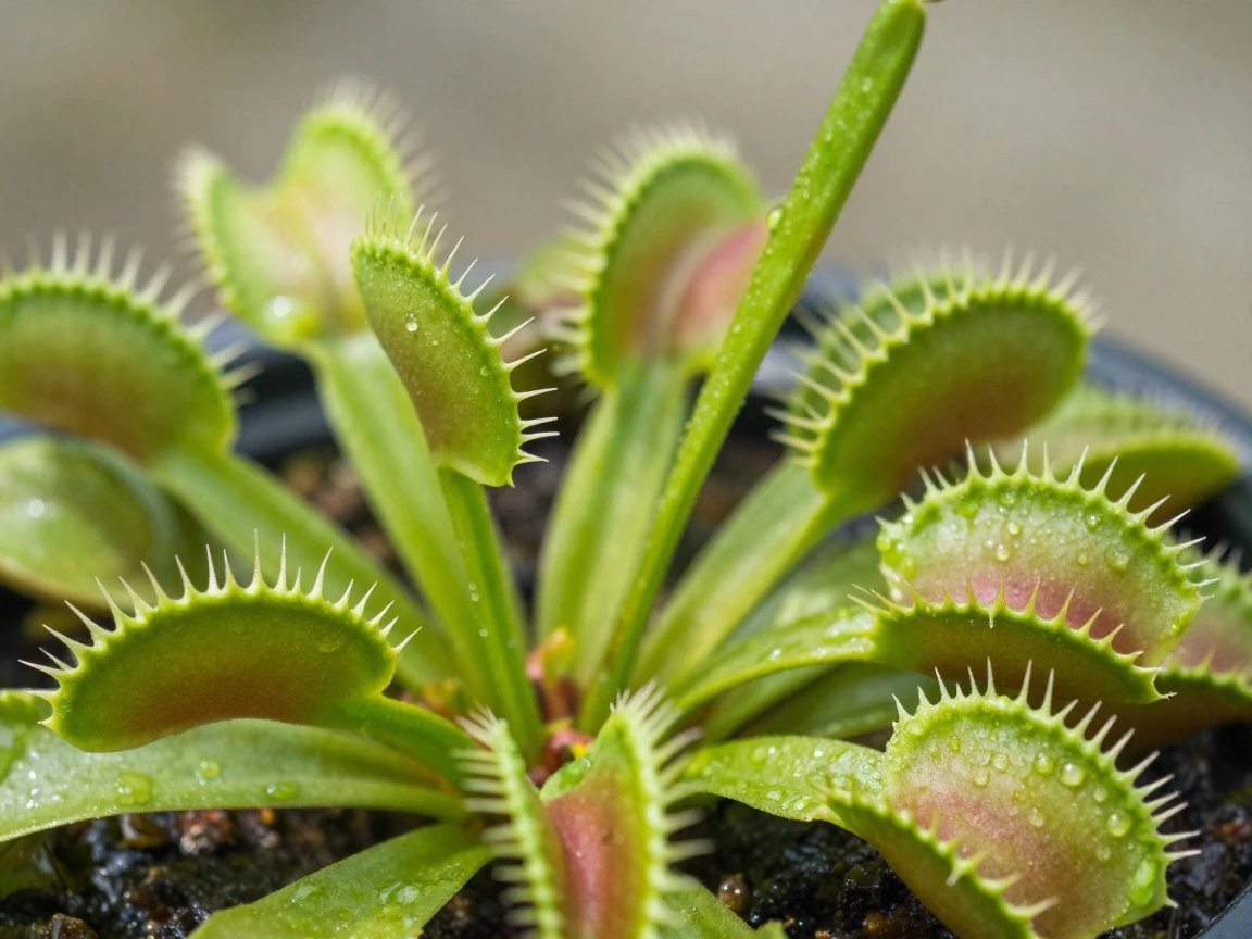 A carnivorous Venus flytrap with dew on its leaves