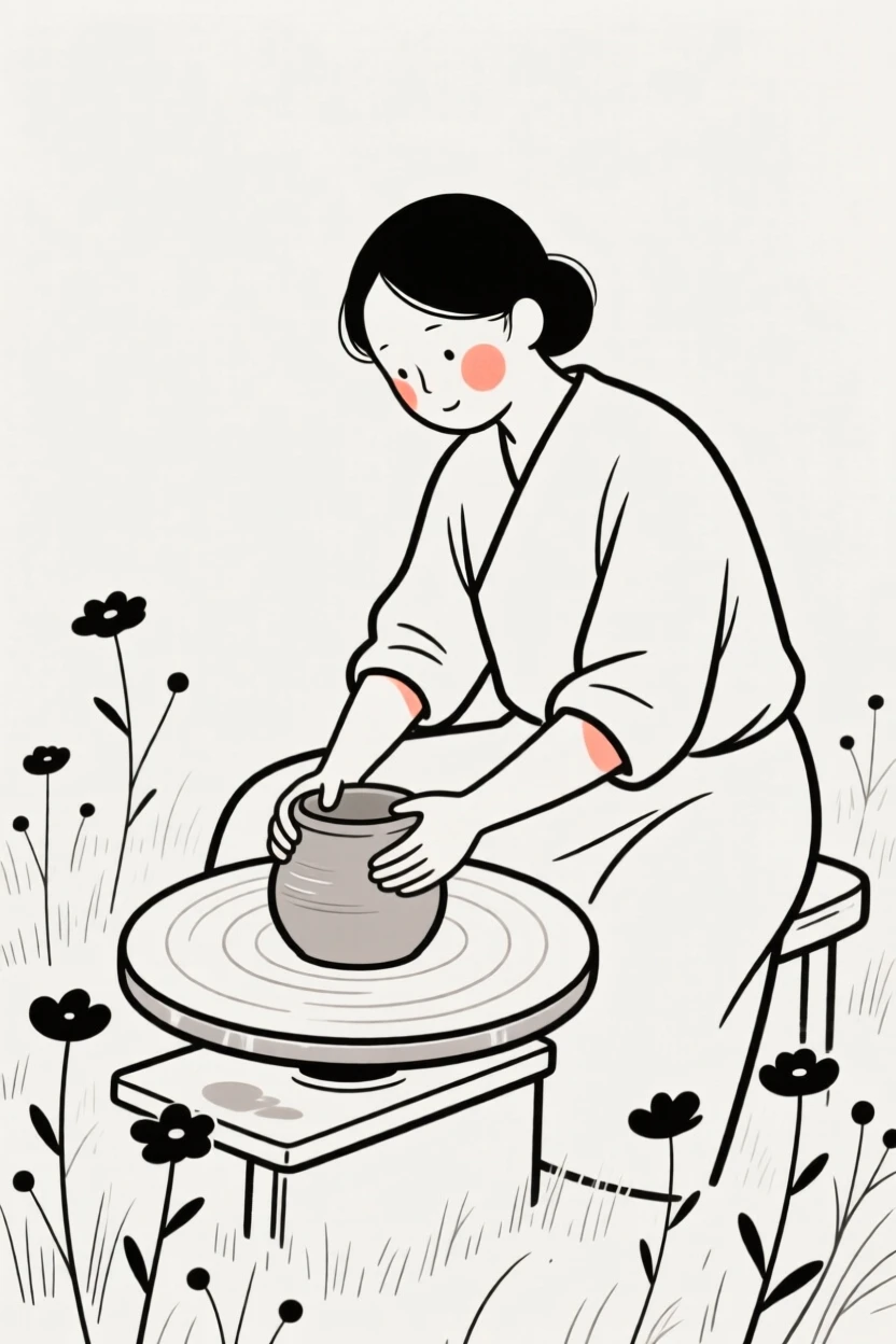 A potter shaping clay on a wheel, resting in calm stillness, in a field of wildflowers.