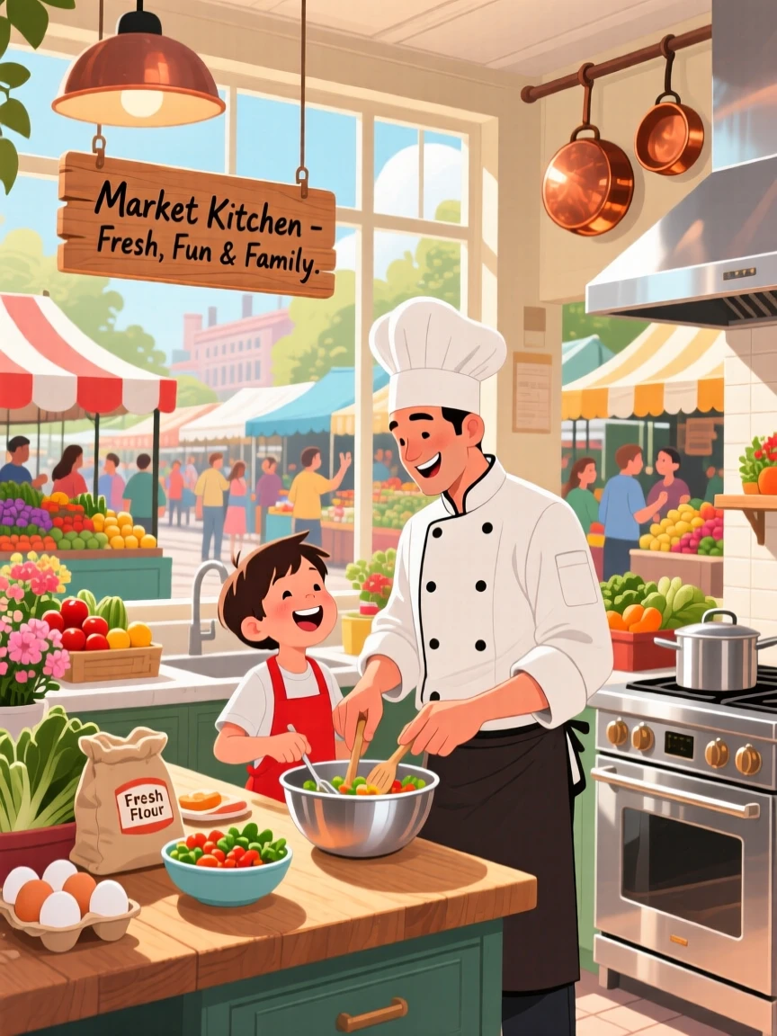 A chef and a young child cooking together in a bright kitchen, in a lively outdoor market bustling with color, captured mid-laugh with authentic energy, with a sense of warmth and togetherness in every detail.