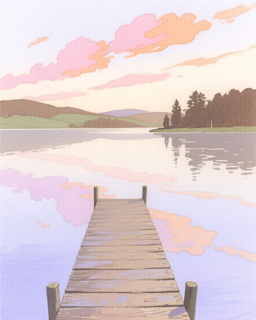 A quiet lakeside dock stretches into still water reflecting a pastel sky streaked with pink and orange clouds