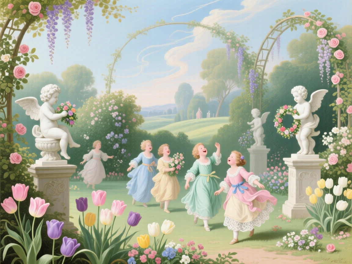 A spring garden filled with tulips, marble cherubs, and laughing children  