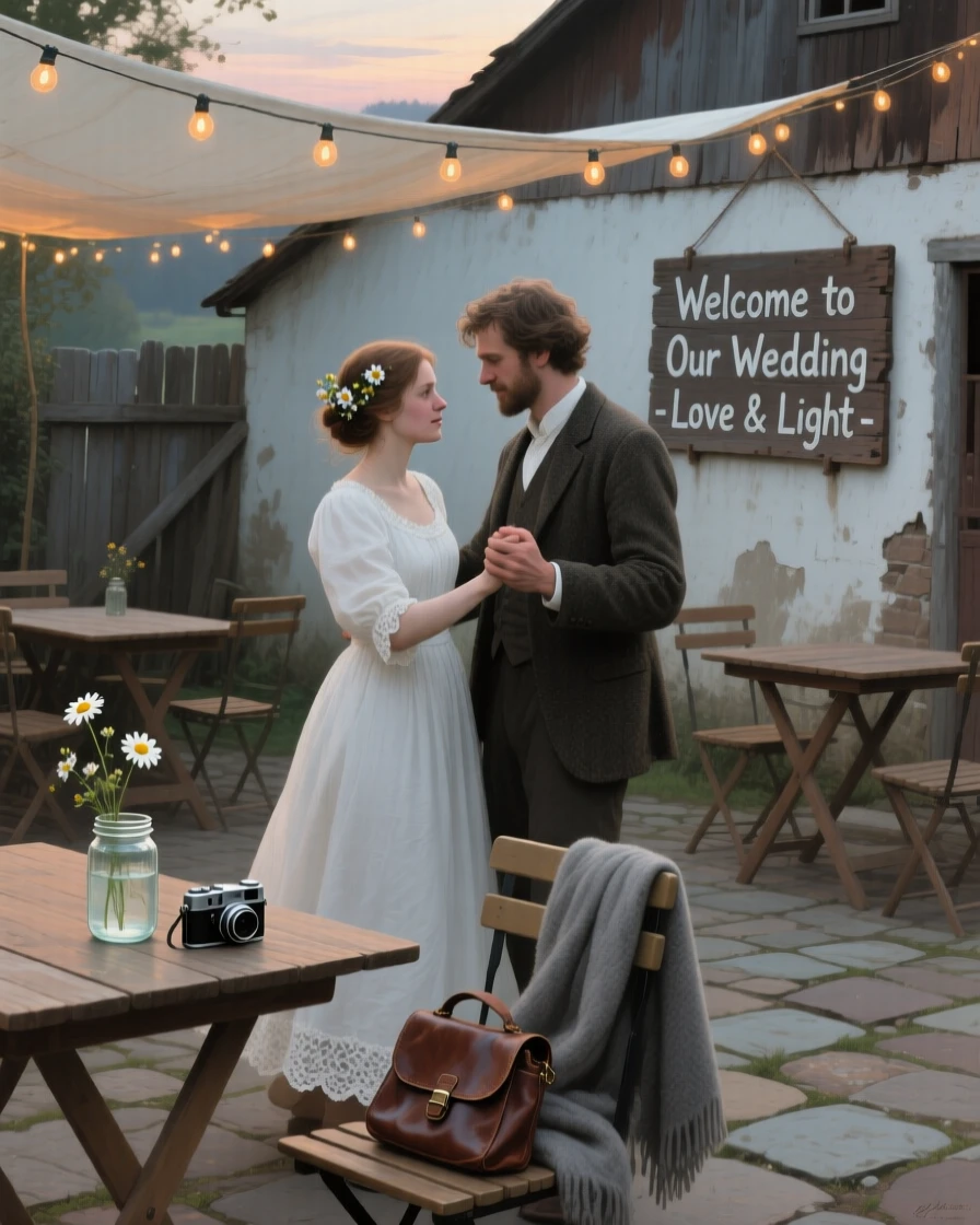 A bride and groom sharing their first dance beneath a canopy of string lights, surrounded by everyday details that ground the moment in reality, evoking warmth, empathy, and genuine connection