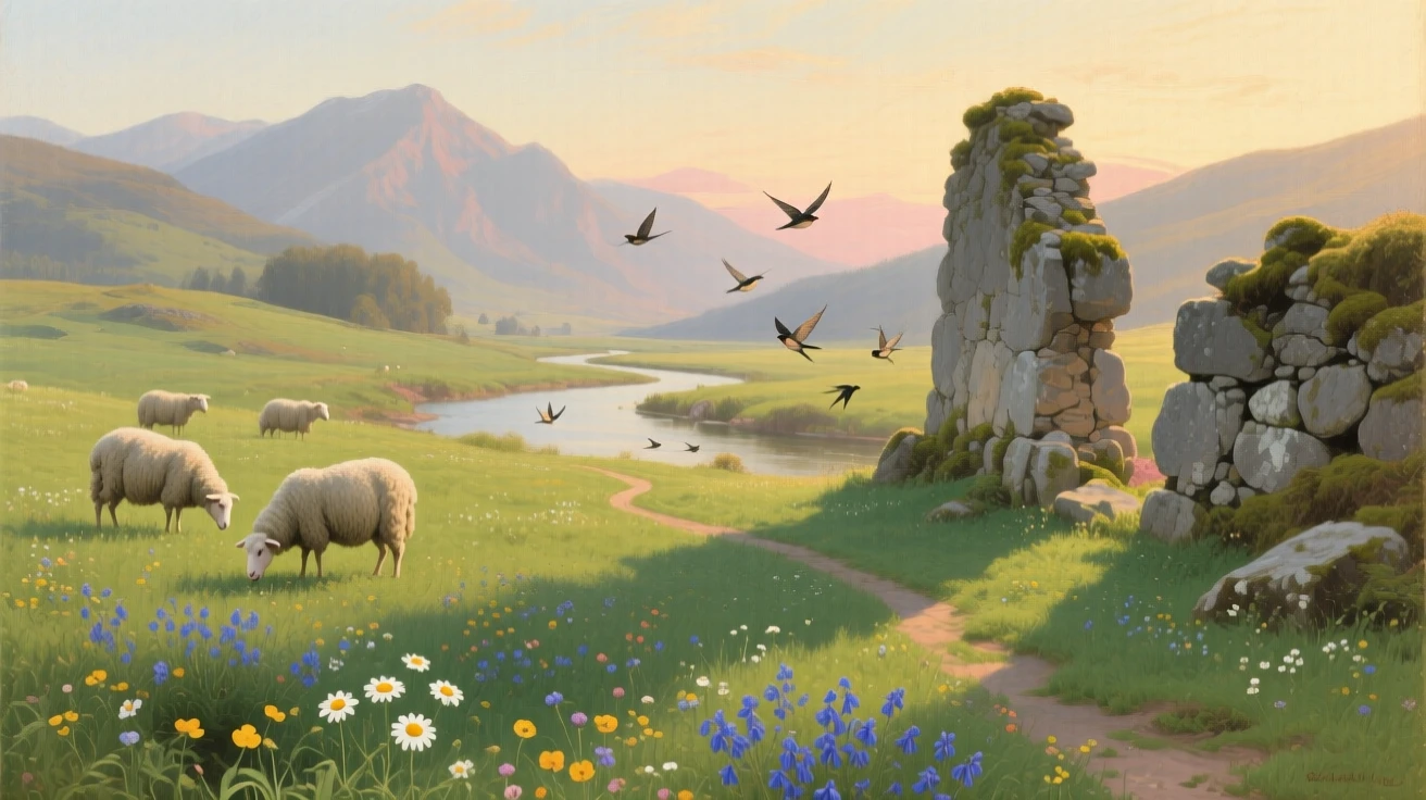 A quiet alpine meadow scattered with wildflowers and grazing sheep captured in the fleeting stillness of a perfect moment, set beside the remnants of an old stone wall or ruin, with birds gliding low over the water and long shadows stretching across the grass; a winding path or river leads the eye deep into the distance, filled with calm, restorative beauty.