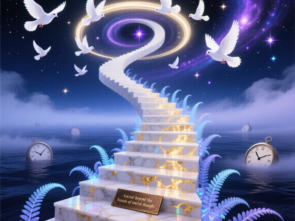 A stairway that folds back on itself endlessly rises from a sea of drifting fog, and a spiral of doves circles above it.