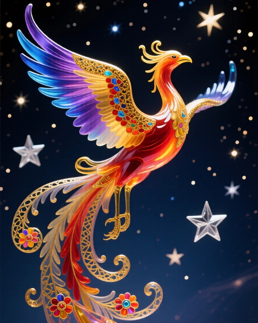 A celestial phoenix soaring through a sky filled with stars, transcendent and radiant.