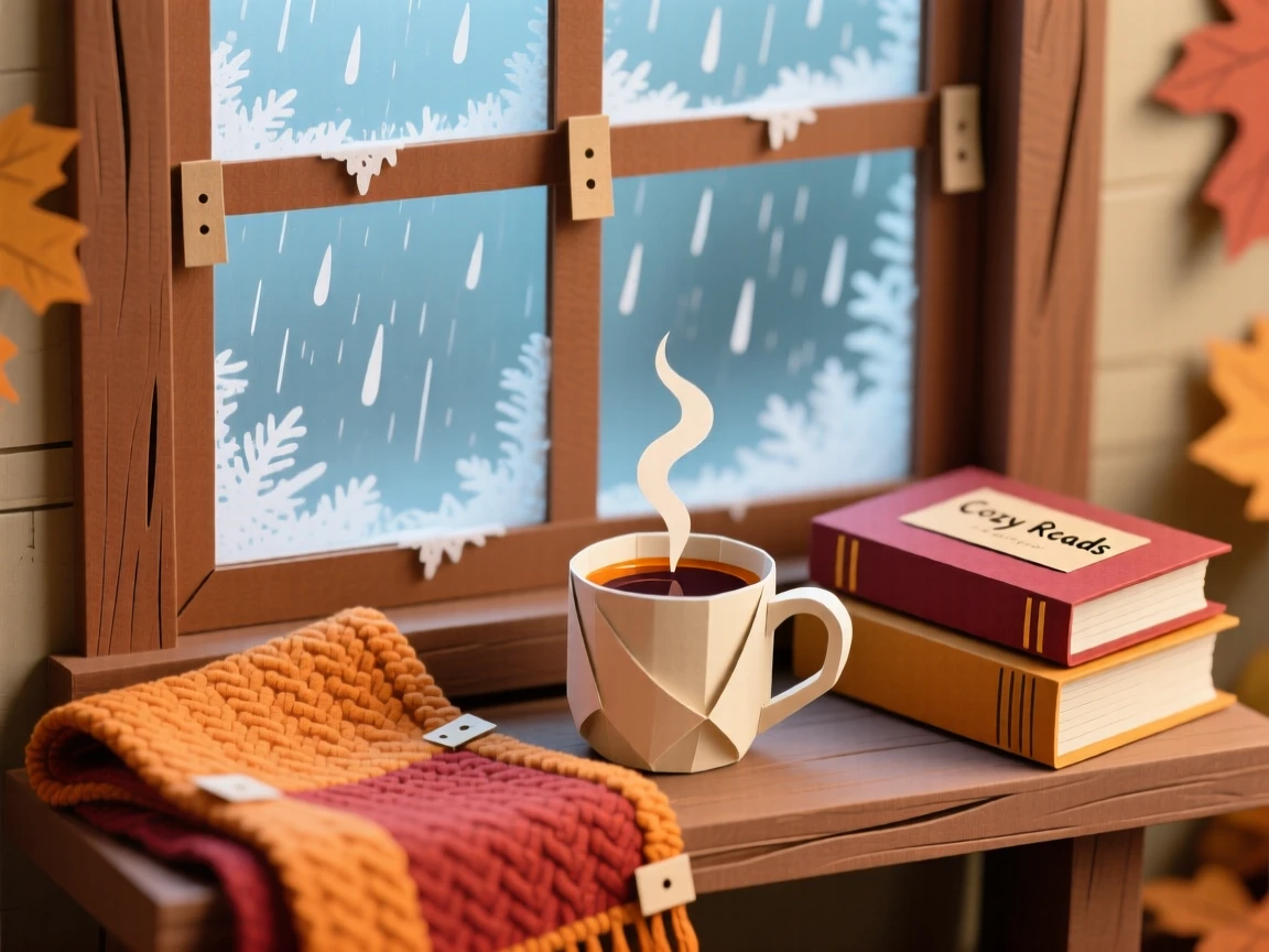 A cozy autumn evening scene with a knitted blanket, a mug of spiced tea, and a stack of books beside a rain-frosted window, evoking comforting solitude.