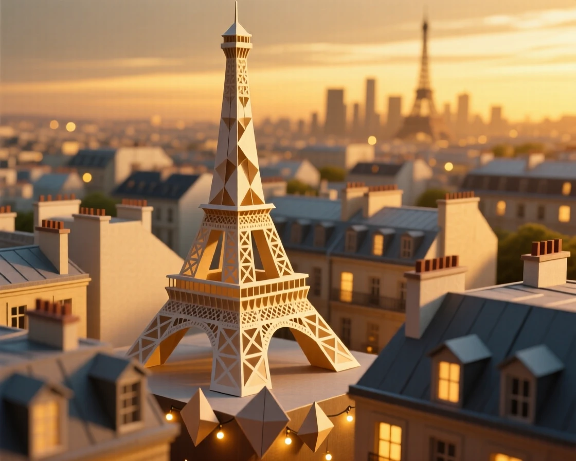 The Eiffel Tower rising above a Parisian rooftop skyline at golden hour, city lights beginning to twinkle below.