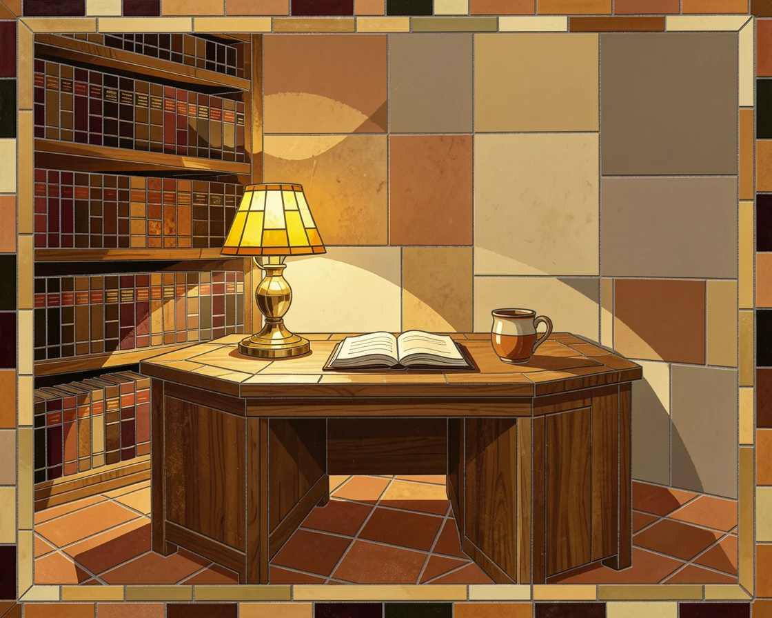 A charming, nostalgic scene of a quiet study filled with warm lamplight and shelves of leather books, evoking calm and comfort.