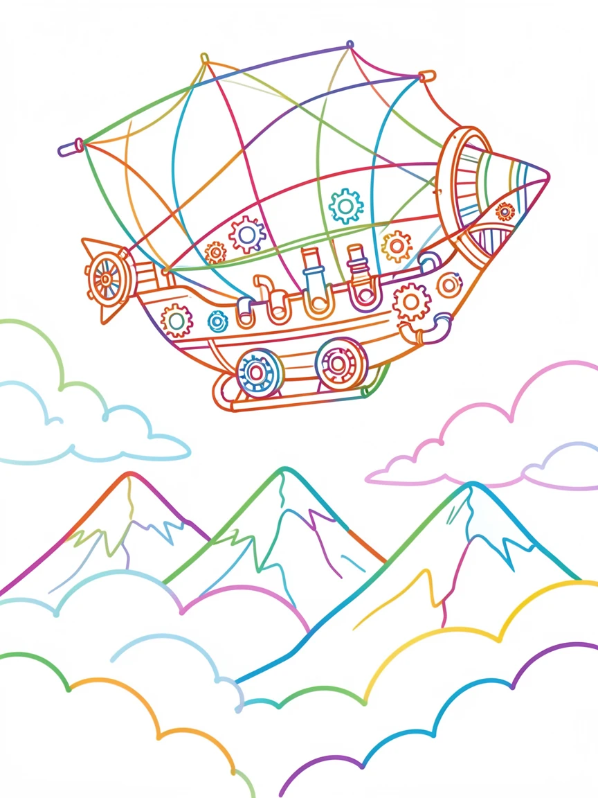 A steampunk airship sailing above a cloud-covered mountain range.