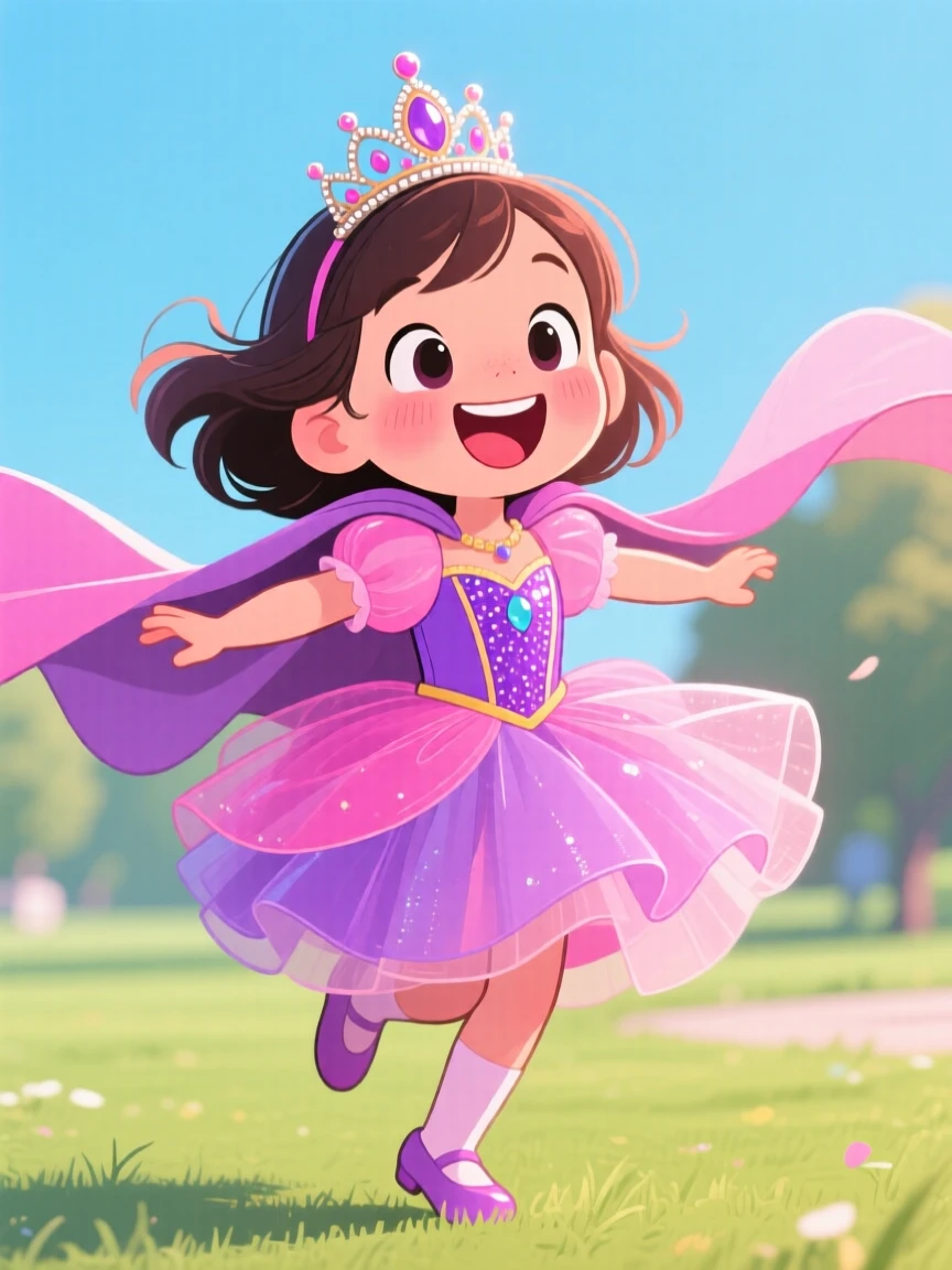 A playful childhood moment of a little girl twirling in a princess costume, tiara slightly crooked and cape flying.