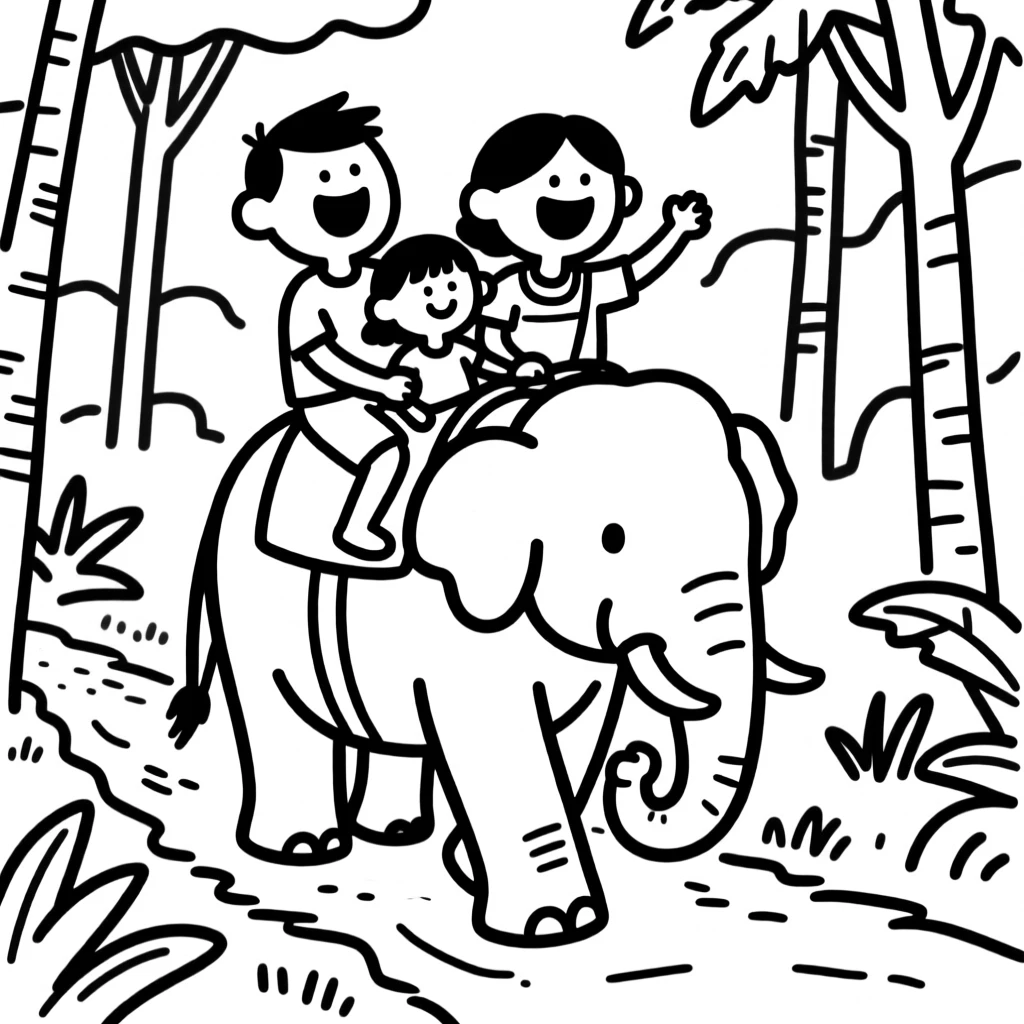 A family riding an elephant through a jungle trail in Thailand, all smiles.