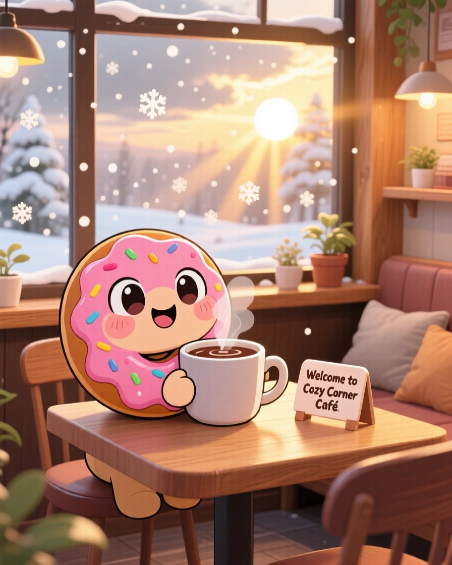 A smiling donut hugging a mug of hot cocoa in a cozy café table during a cozy winter snowfall; rays of sunrise breaking through clouds washes over the scene as gentle surprise fills the moment. Medium shot.
