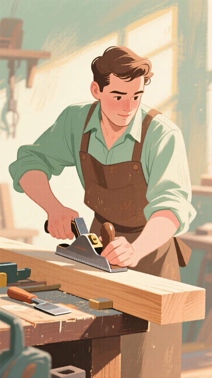 A carpenter planing a wooden beam in a sunlit workshop