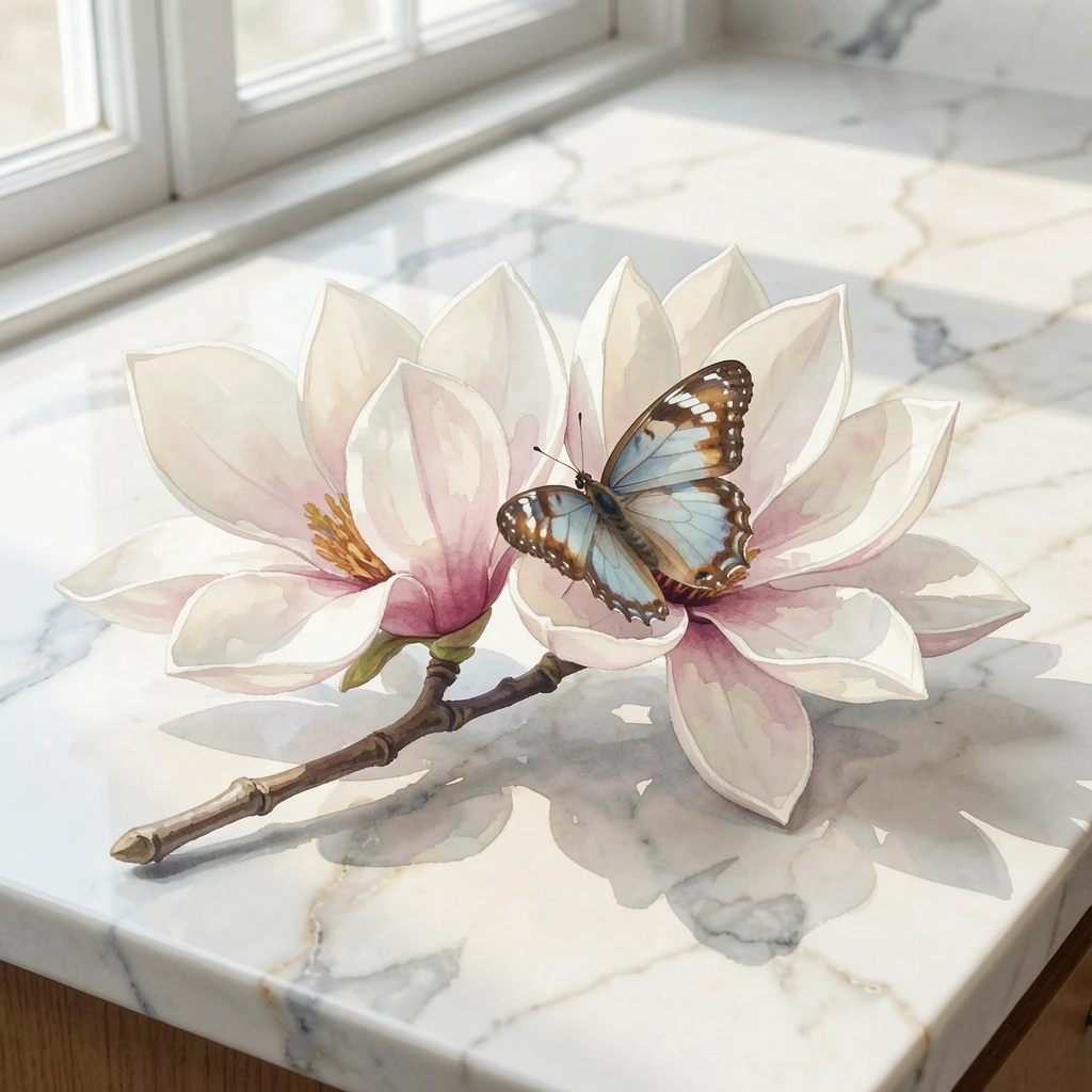 A branch of magnolia blossoms on a marble kitchen counter with a small butterfly resting on one bloom.