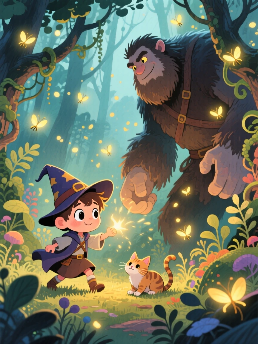 A young wizard apprentice battling gently with a friendly giant for a lost kitten, in an enchanted forest glowing with fireflies, radiating hope and heroic determination.