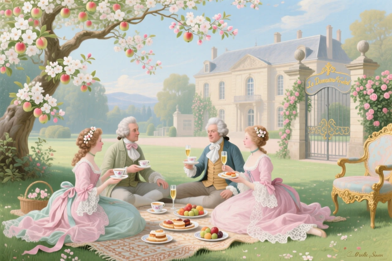 A summer picnic beneath flowering apple trees beside a manor house  