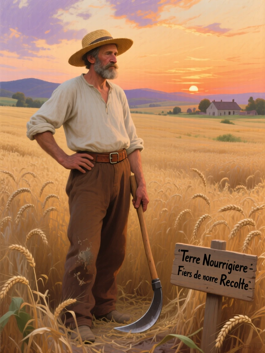 A farmer standing proudly in his golden wheat field at sunset, their clothing and posture reflecting their personality and background, designed to resonate emotionally with viewers of any background