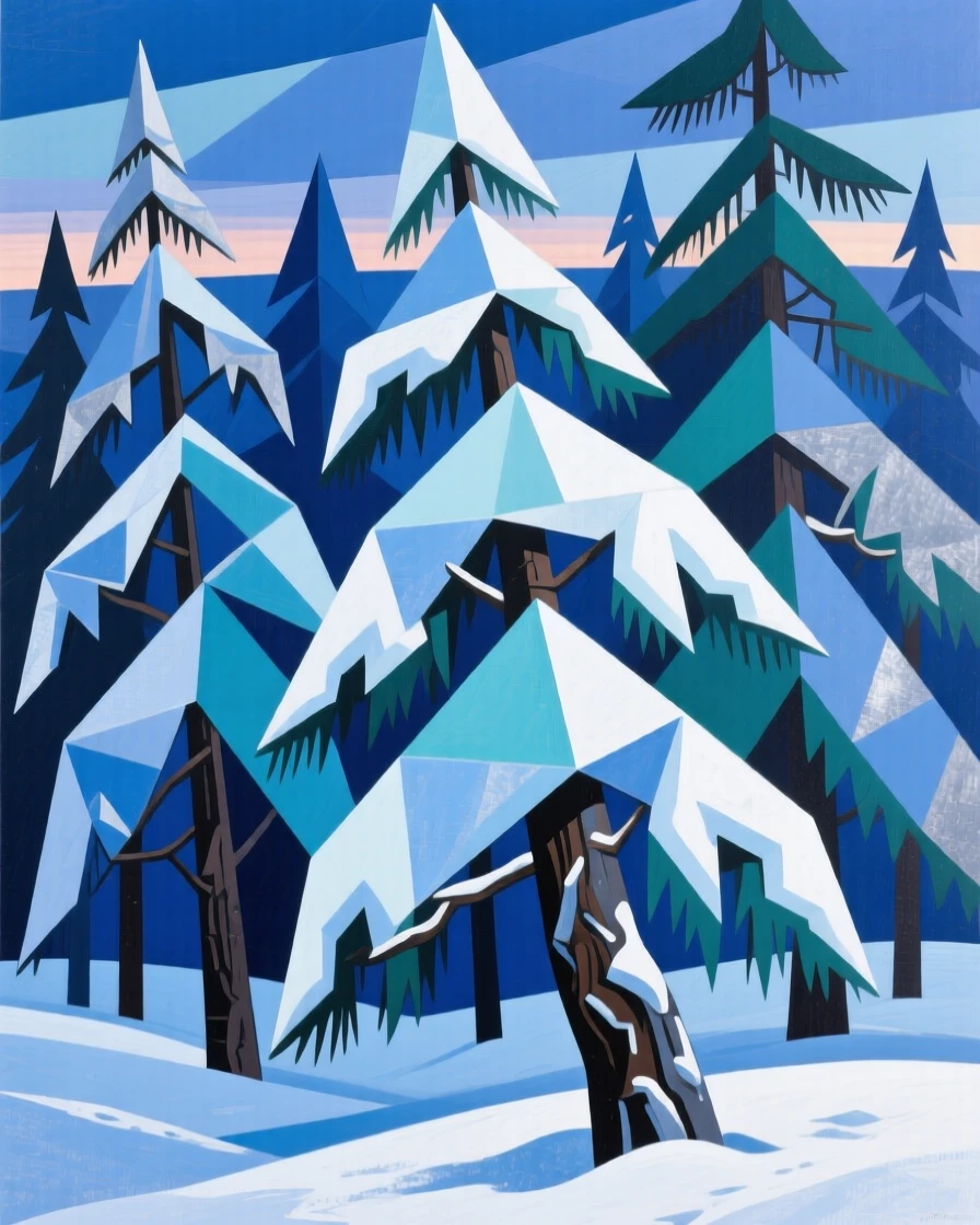 A quiet snow-covered pine forest illuminated by the soft blue light of dusk.