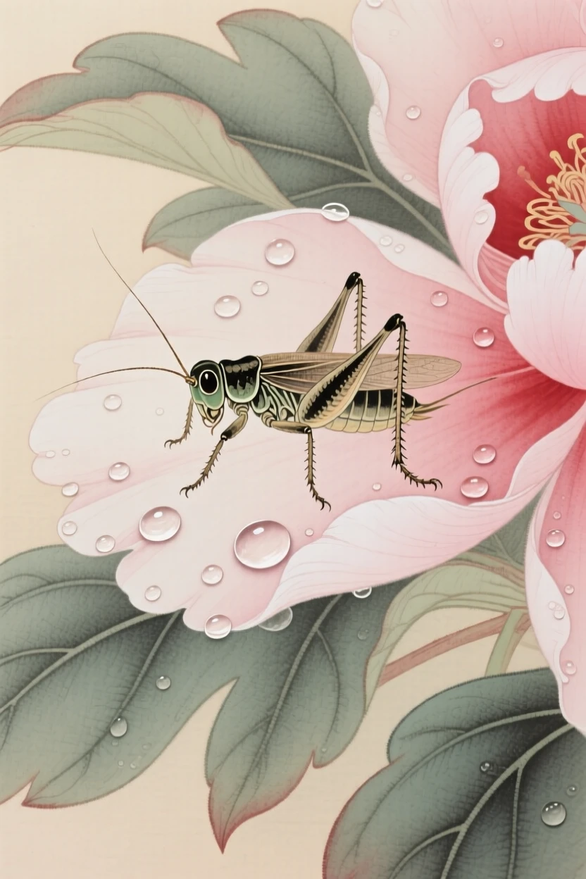 A small cricket resting on a dew-covered peony petal