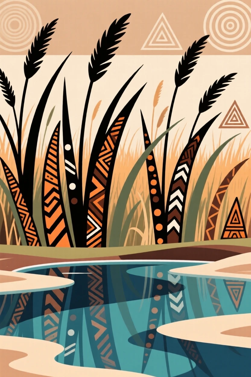 A field of tall savanna grass reflected in the still water of a nearby pool.