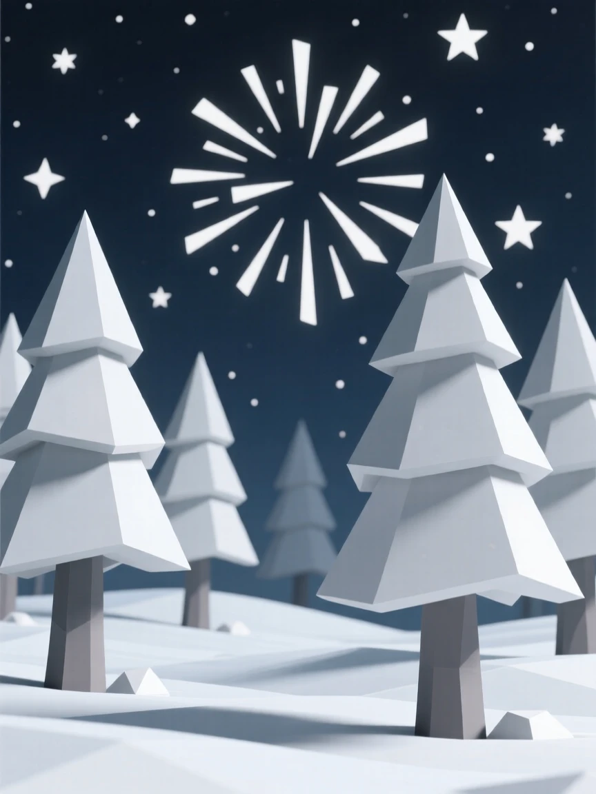 A snow-covered pine forest under twinkling stars, beneath a sky full of fireworks. soft light and gentle shadows add depth to the scene. The moment feels magical and full of wonder.