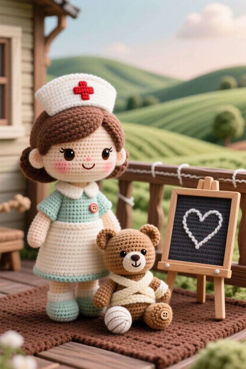 a gentle nurse figure, with a crisp white cap and a caring smile, tending to a small bandaged teddy bear, in a rustic farmhouse porch overlooking rolling fields, with a small chalkboard sign with a hand-drawn heart nearby, conveying gentle pride in a job done with care.