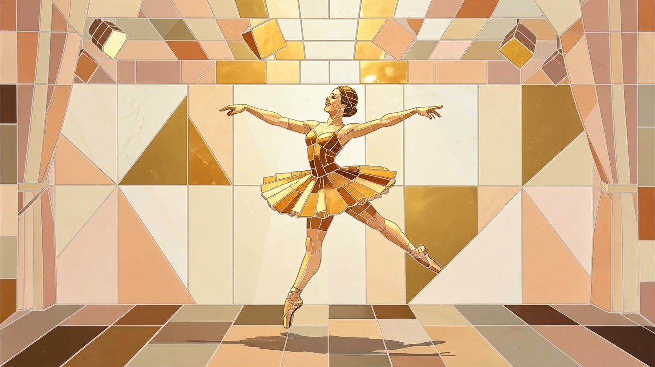 A candid, joyful moment of a graceful ballet dancer captured mid-leap on a softly lit stage, captured with warm golden light.